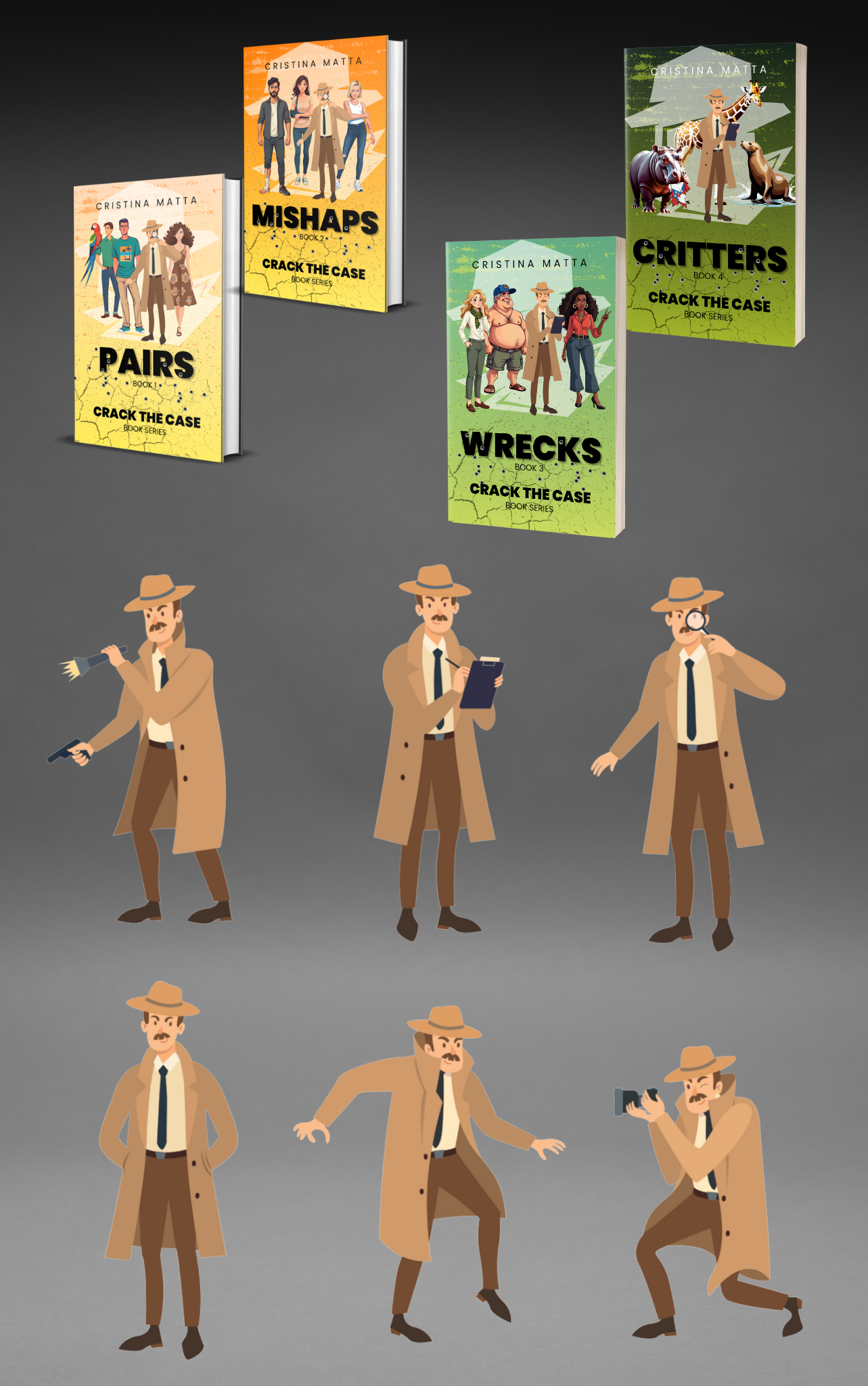 Detective Ned cartoon in various poses surrounded by four Crack the Case book covers