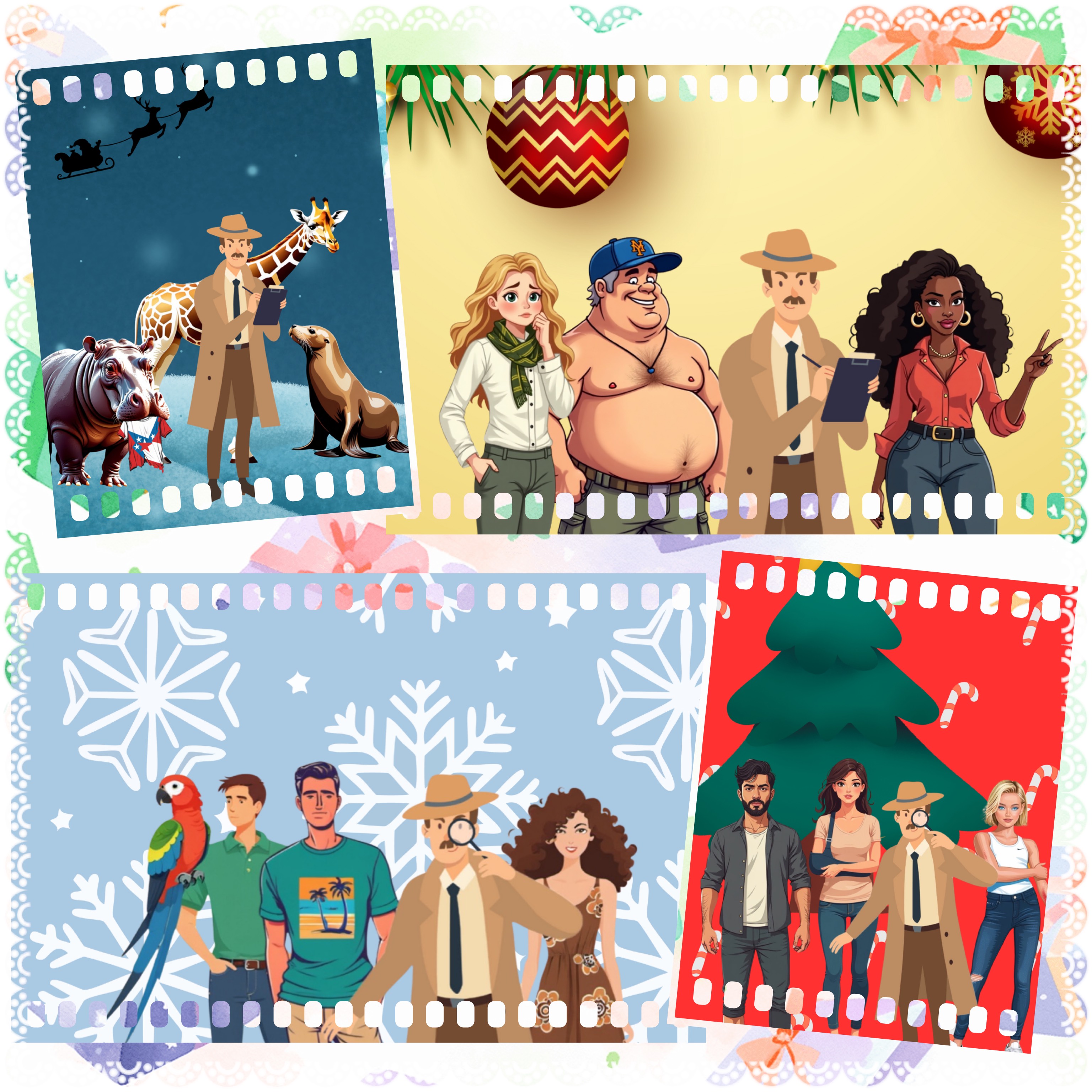 A four-panel holiday collage featuring characters and Ned from the Crack the Case mystery books, each set against a different festive holiday background.